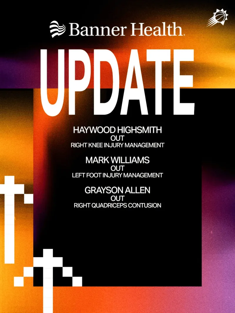 开云中国-太阳伤病更新:马克-威廉姆斯与格雷森-阿伦缺席今日比赛